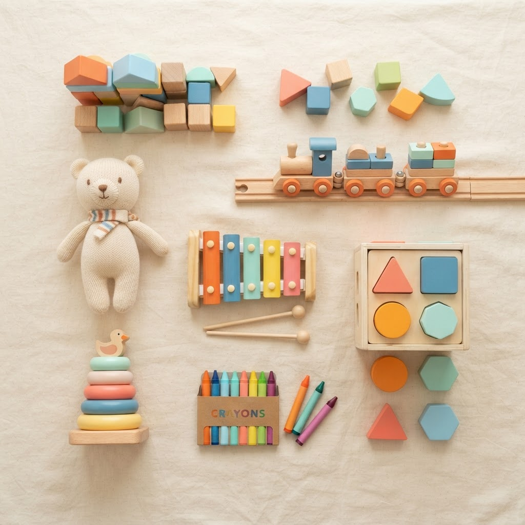 Aneka mainan anak KOKOTOTO: balok kayu, boneka, kereta, dan mainan edukatif